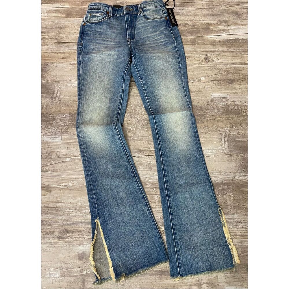 Blank NYC Blue Distressed Flare Jeans with Frayed Slits